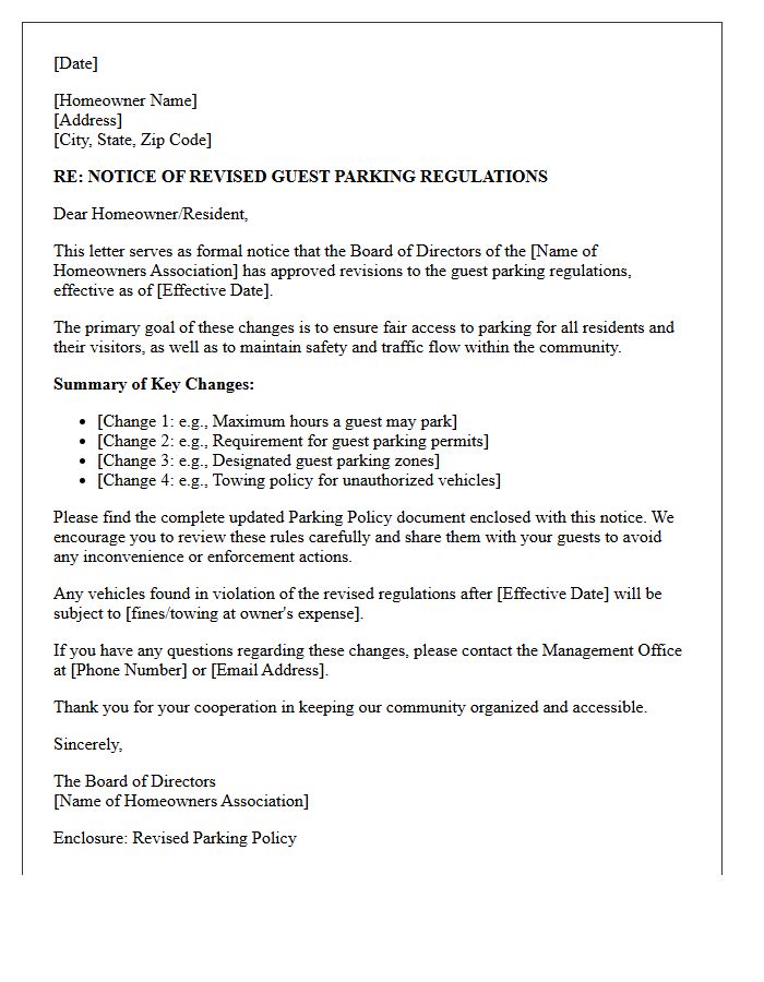 Homeowners Association Letter for Notice of Revised Guest Parking Regulations