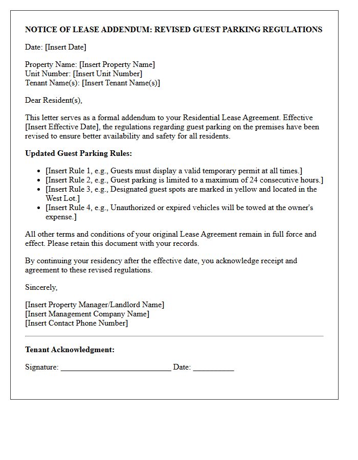 Lease Addendum Letter for Notice of Revised Guest Parking Regulations