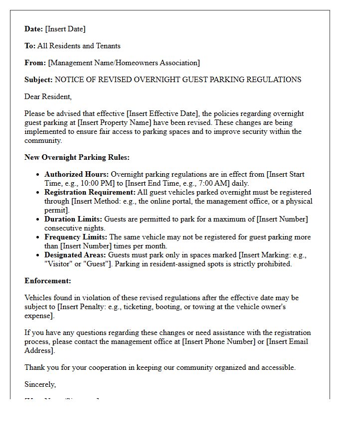 Overnight Policy Letter for Notice of Revised Guest Parking Regulations