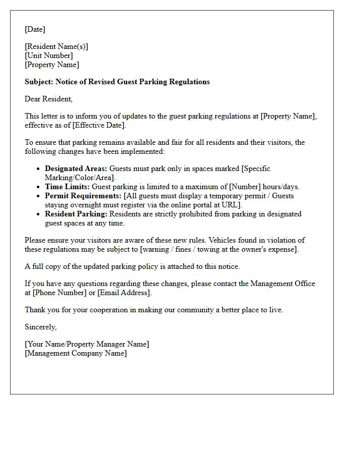 Resident Update Letter for Notice of Revised Guest Parking Regulations