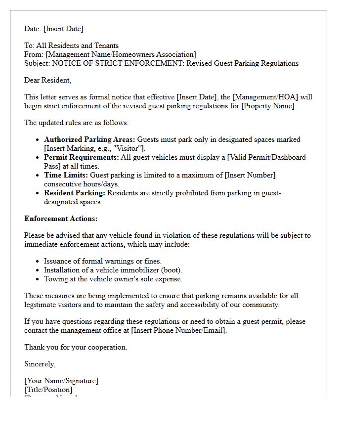 Strict Enforcement Letter for Notice of Revised Guest Parking Regulations