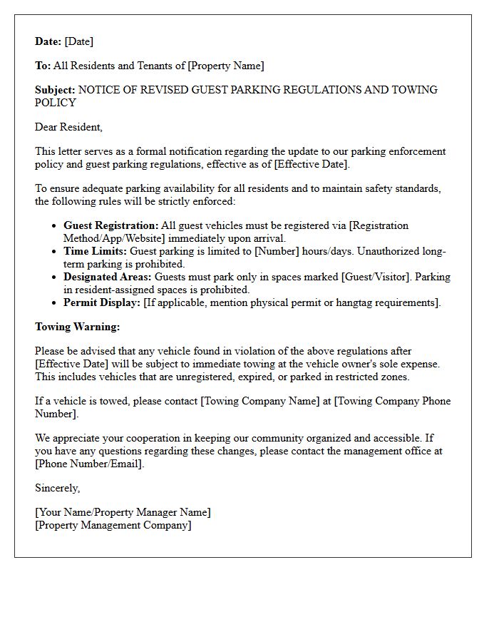 Towing Policy Warning Letter for Notice of Revised Guest Parking Regulations