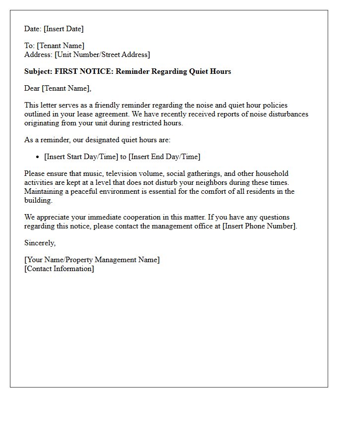 First Notice Quiet Hours Reminder Letter