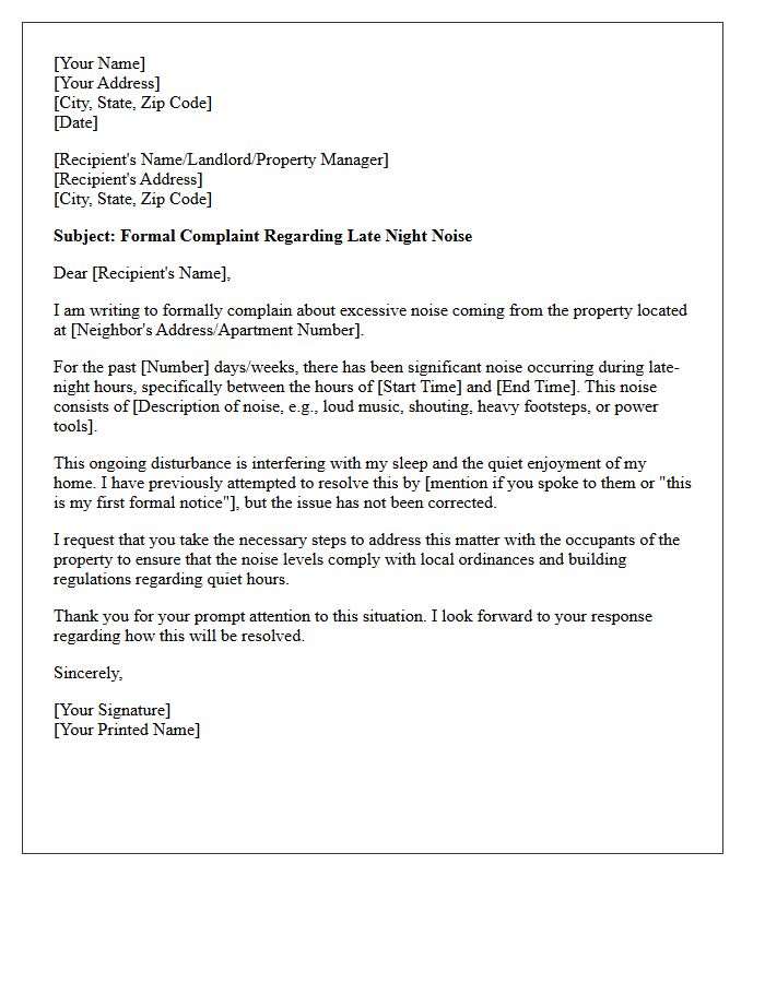 Late Night Noise Complaint Letter