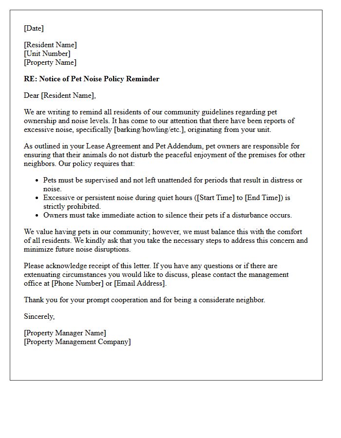 Pet Noise Policy Reminder Letter