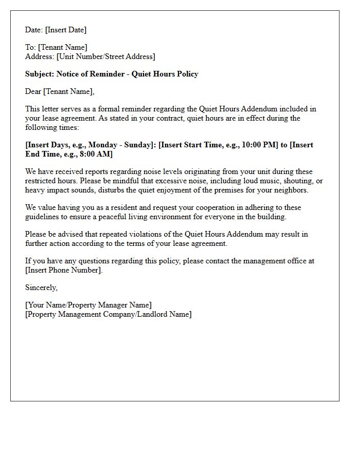 Quiet Hours Addendum Reminder Letter