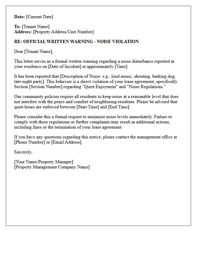 Written Warning Noise Violation Letter