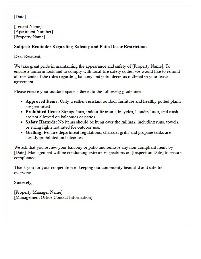 Apartment Balcony and Patio Decor Restrictions Reminder Letter