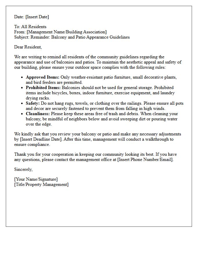 Balcony and Patio Appearance Guidelines Reminder Letter