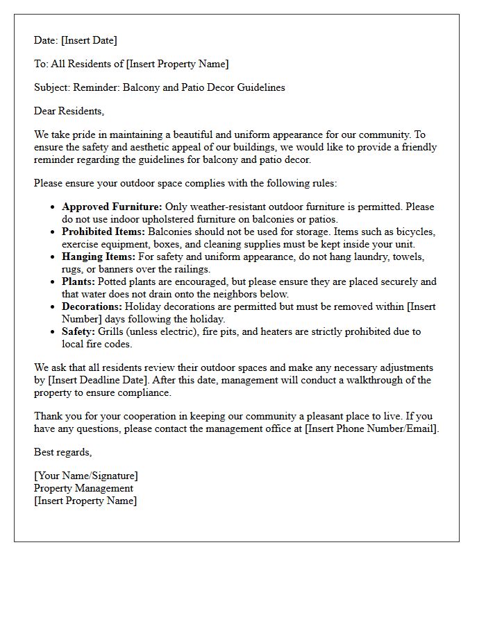 Balcony and Patio Decor Guidelines Reminder Letter