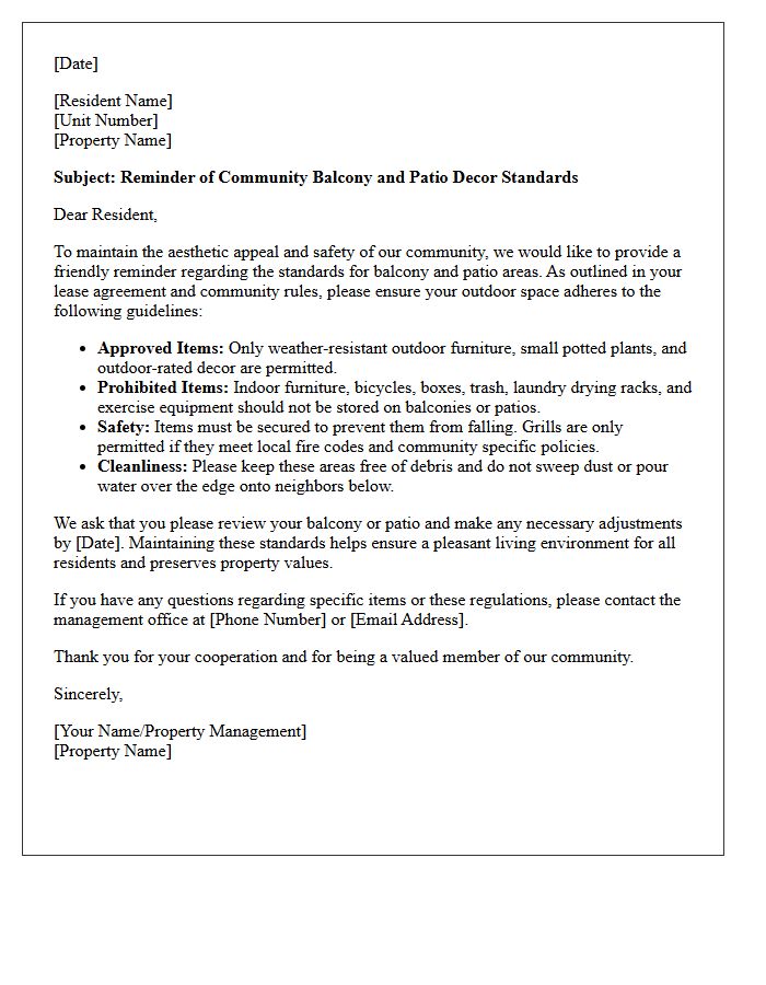 Community Balcony and Patio Decor Standards Reminder Letter