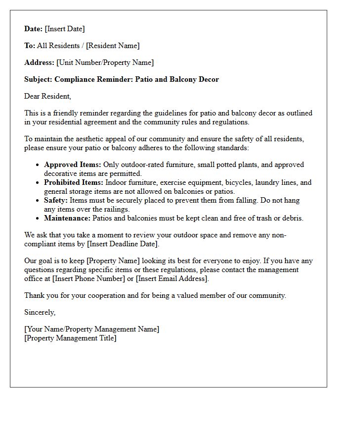 Compliance Reminder Letter for Patio and Balcony Decor