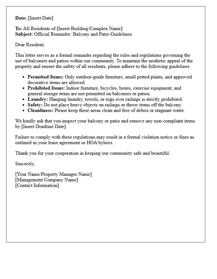 Official Reminder Letter for Balcony and Patio Guidelines