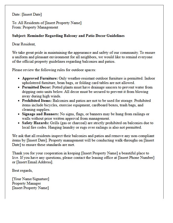 Property Guidelines Reminder Letter for Balcony and Patio Decor
