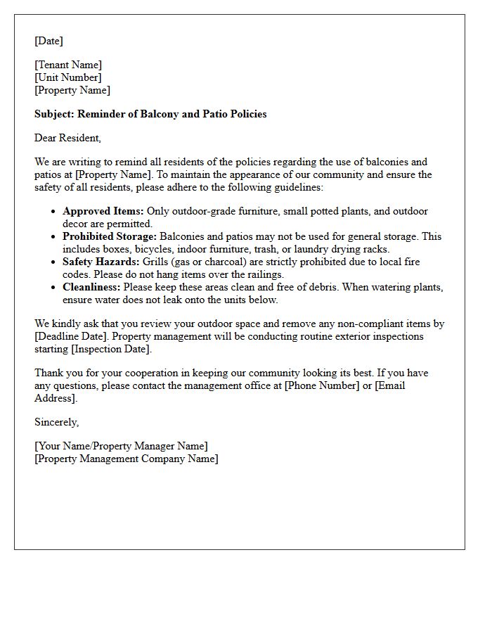 Property Management Balcony and Patio Policy Reminder Letter