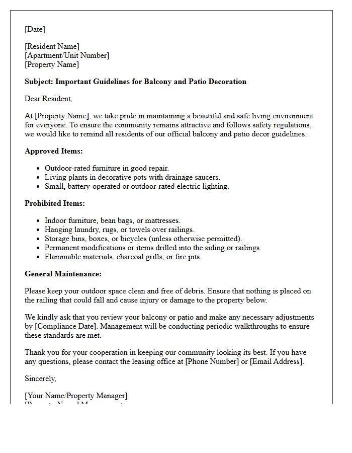 Resident Letter Regarding Balcony and Patio Decor Guidelines