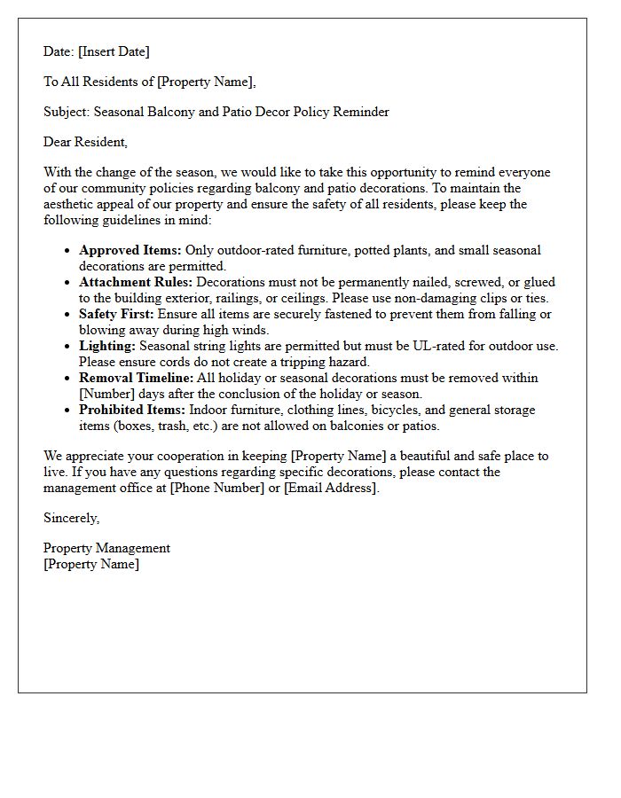 Seasonal Balcony and Patio Decor Policy Reminder Letter