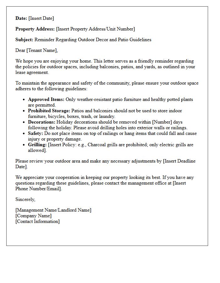 Tenant Reminder Letter for Outdoor Decor and Patio Guidelines