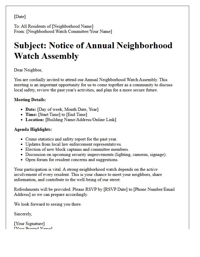 Annual Neighborhood Watch Assembly Announcement Letter