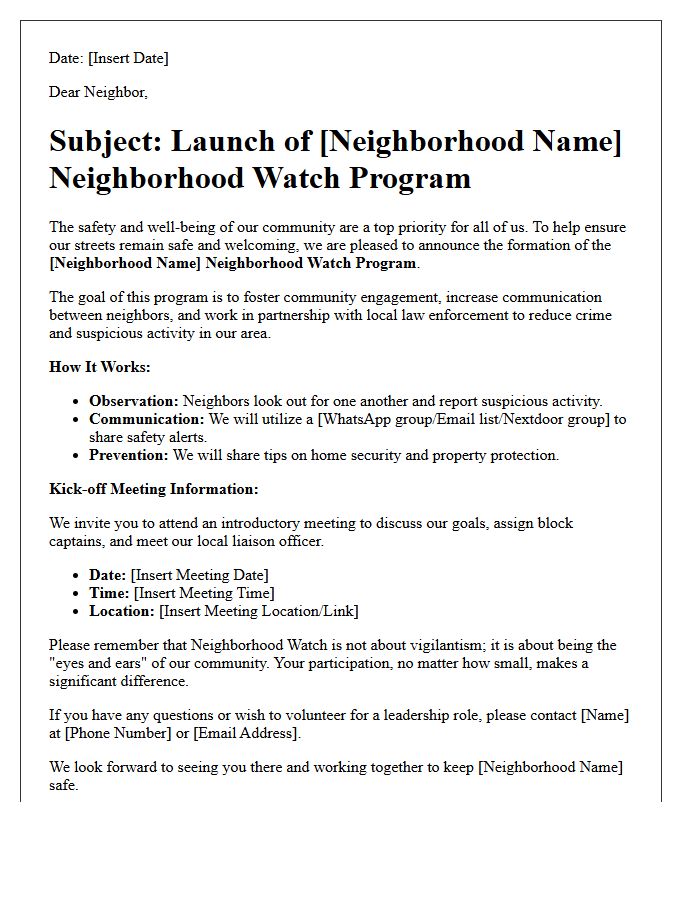 Community Engagement Neighborhood Watch Announcement Letter