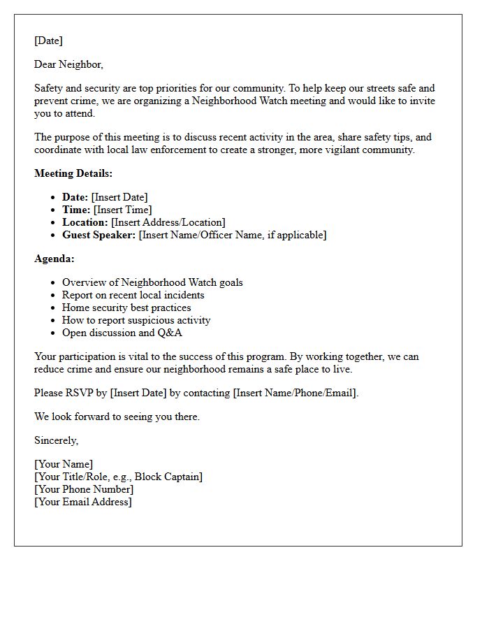 Crime Prevention Neighborhood Watch Meeting Letter