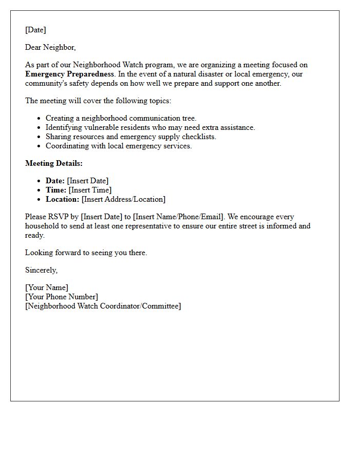 Emergency Preparedness Neighborhood Watch Meeting Letter