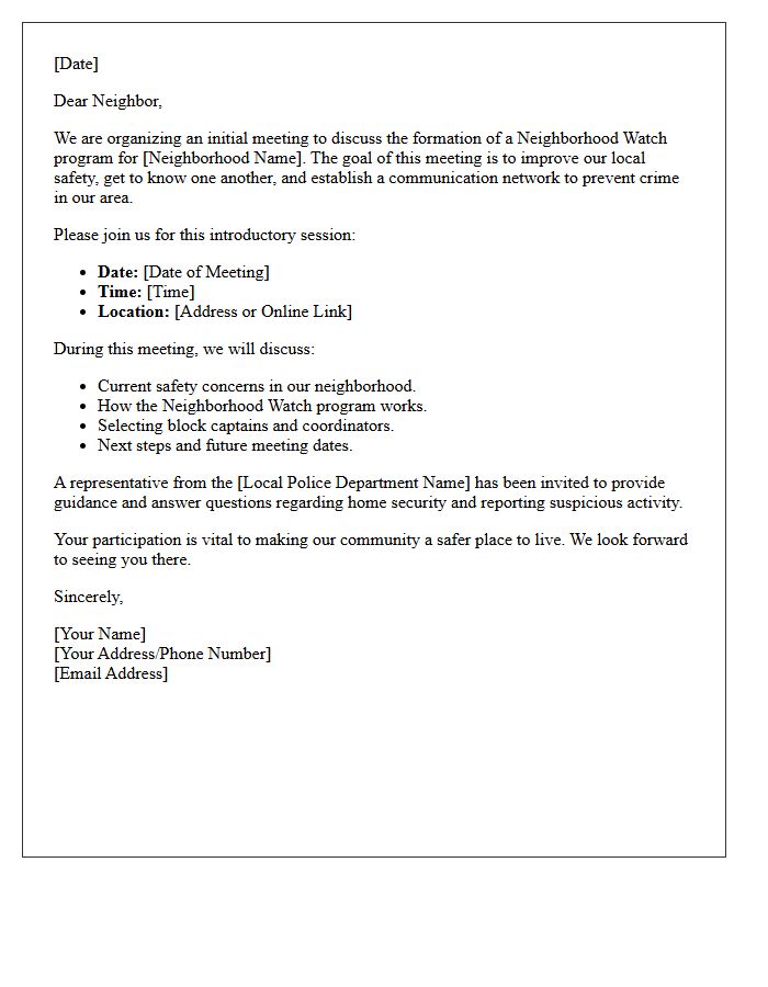 Initial Neighborhood Watch Meeting Announcement Letter
