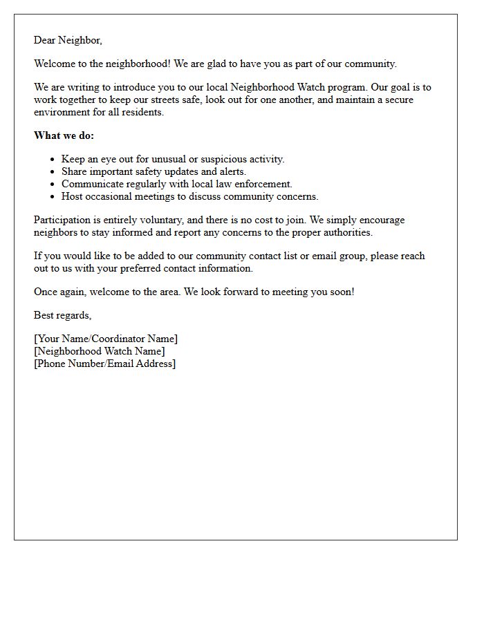 New Resident Neighborhood Watch Introduction Letter