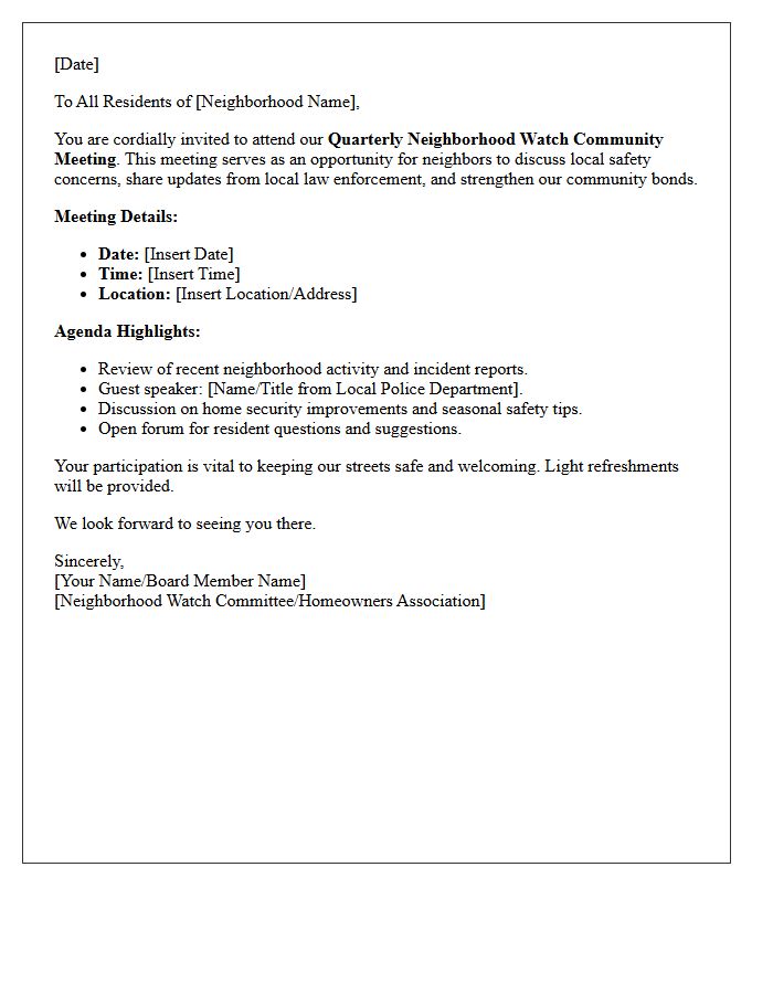 Quarterly Neighborhood Watch Community Meeting Letter