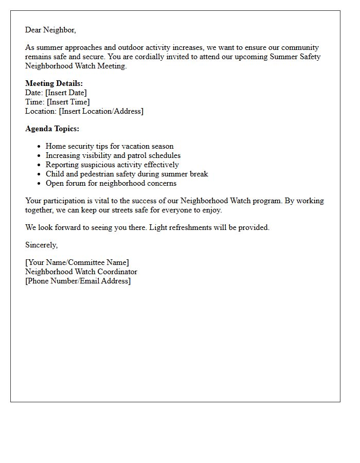 Summer Safety Neighborhood Watch Meeting Letter