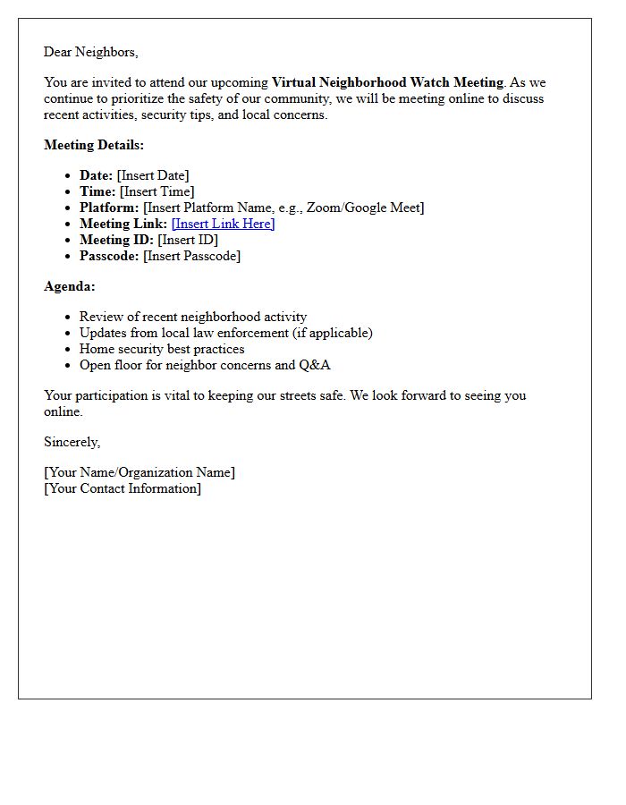 Virtual Neighborhood Watch Online Meeting Letter