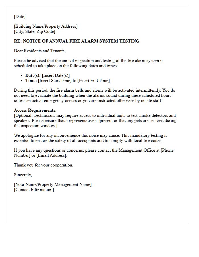 Annual Fire Alarm Testing Schedule Notice Letter
