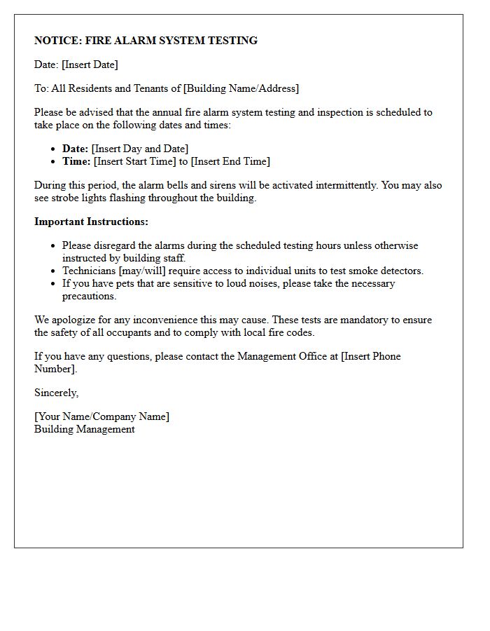 Building Fire Alarm System Testing Schedule Letter