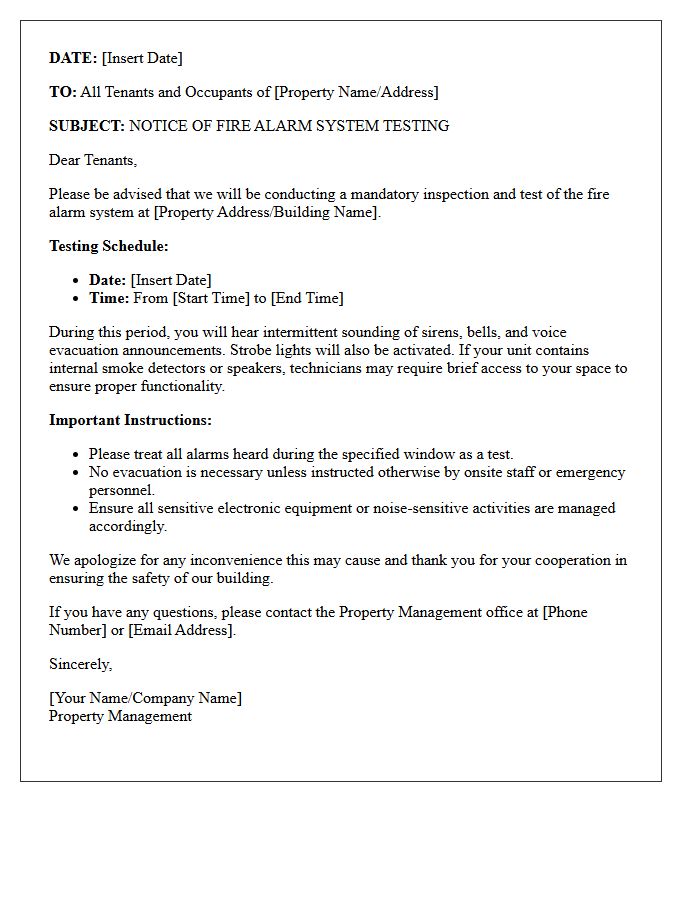 Commercial Property Fire Alarm Testing Notice Letter