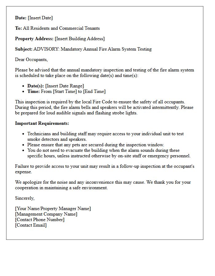 Mandatory Annual Fire Alarm Schedule Advisory Letter