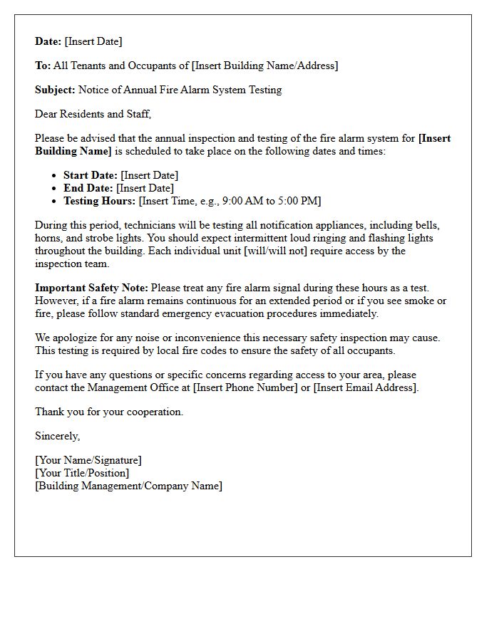 Official Letter Regarding Annual Fire Alarm Testing Dates