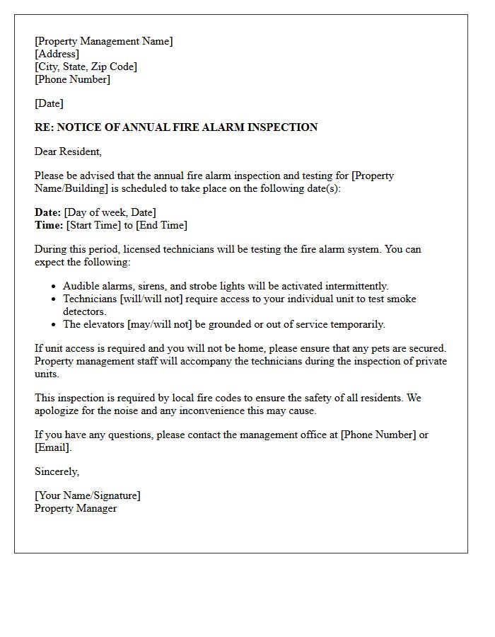 Property Management Fire Alarm Inspection Schedule Letter