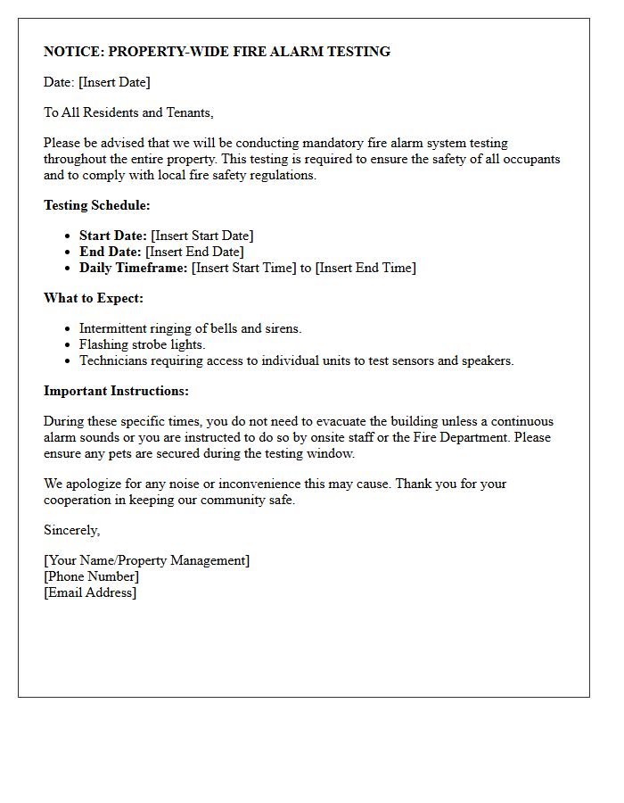 Property Wide Fire Alarm Testing Schedule Letter