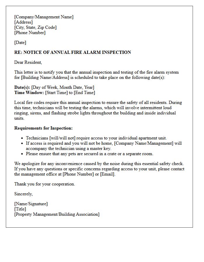 Residential Fire Alarm Annual Inspection Schedule Letter