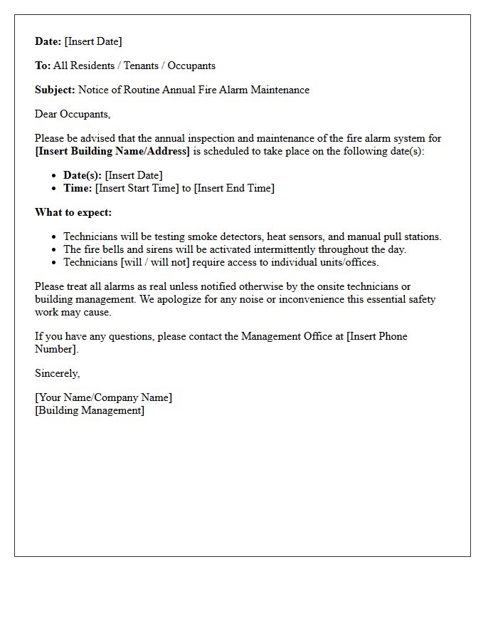 Routine Annual Fire Alarm Maintenance Schedule Letter