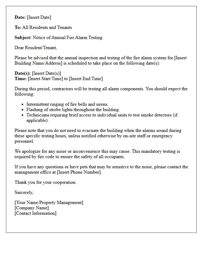Upcoming Annual Fire Alarm Testing Informational Letter