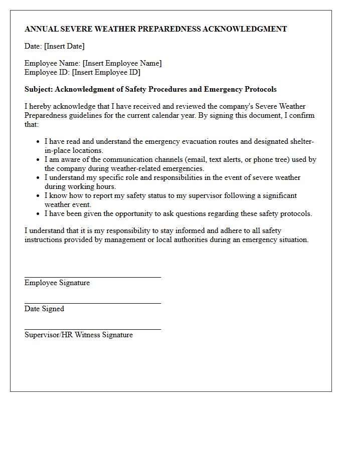 Annual Severe Weather Preparedness Acknowledgment Letter