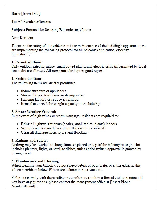 Balcony and Patio Securing Protocol Letter