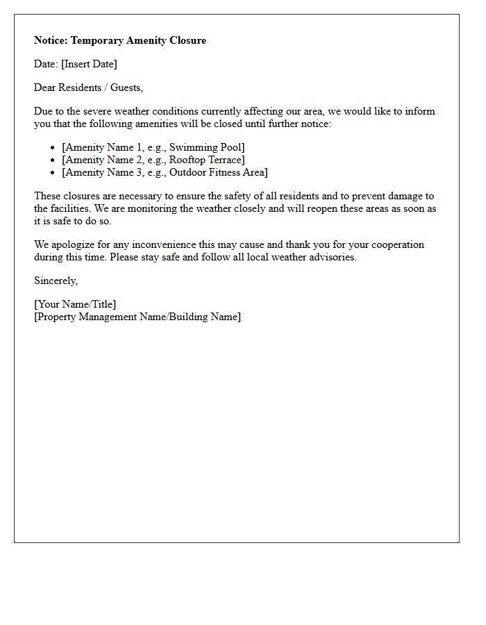 Letter Announcing Temporary Amenity Closures Due to Severe Weather
