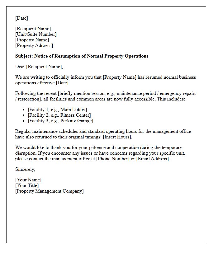 Letter Confirming Resumption of Normal Property Operations