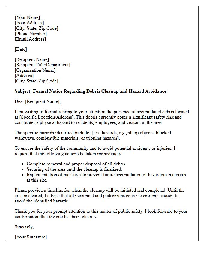 Letter Regarding Debris Cleanup and Hazard Avoidance