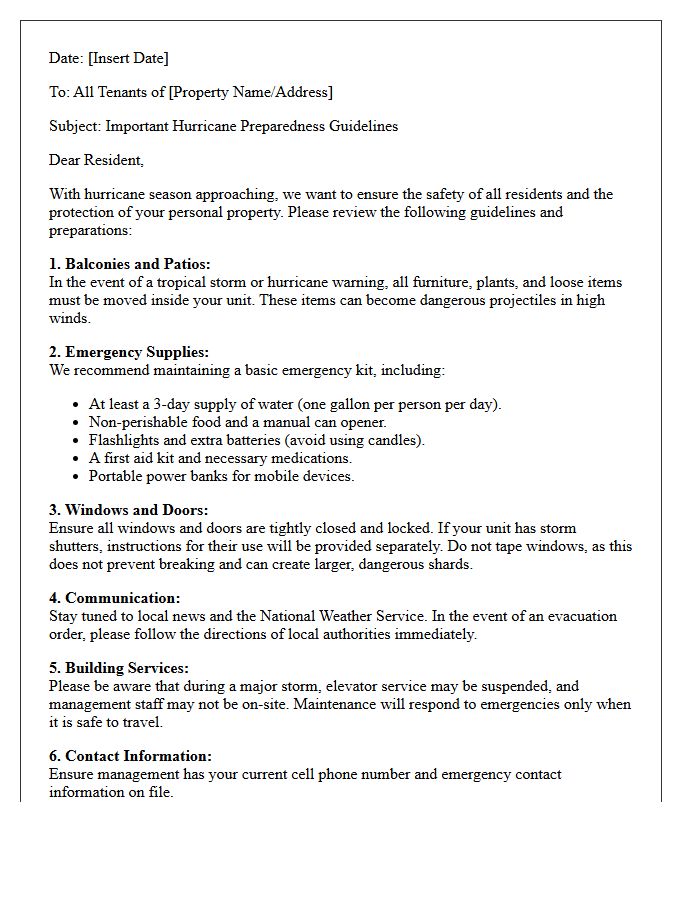 Letter Regarding Hurricane Preparedness Guidelines for Tenants