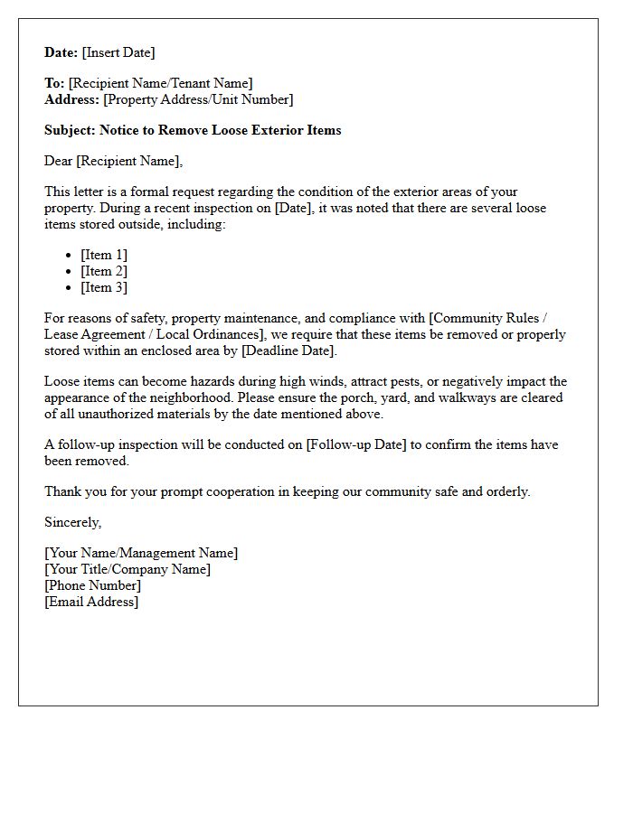 Letter Requiring Removal of Loose Exterior Items