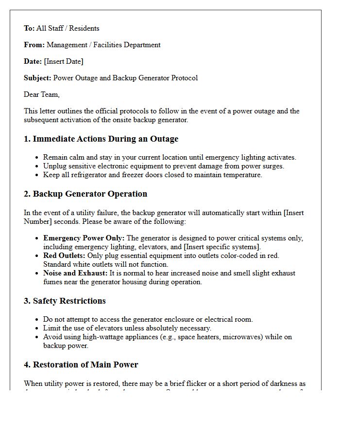 Power Outage and Backup Generator Protocol Letter