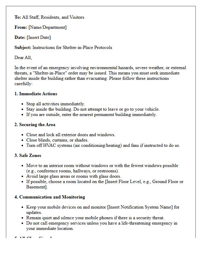 Shelter-in-Place Protocol Instruction Letter